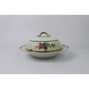 Vintage Noritake Elysian Round Covered Butter, Blue & Yellow Edge Cream Gold Rim